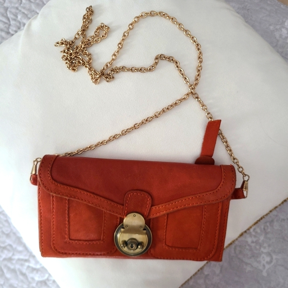 Vintage Dede Gold-Chain Orange Leather Crossbody Bag lock buckle